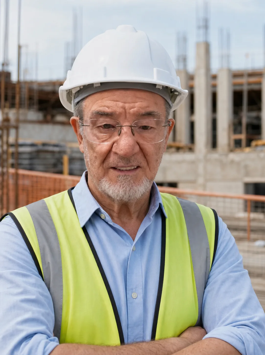 Senhor Eduardo, engenheiro da Benaton, usando capacete de obra